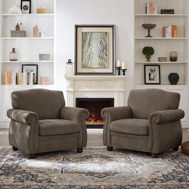 Product details: features include skin-friendly fabric, rolled armrest with nailhead trim, solid wood legs, high-density sponge.