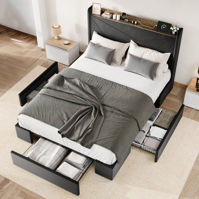 Upholstered Bed Frame with 3 Drawers Storage and and Headboard with USB Ports, No Box Spring Needed