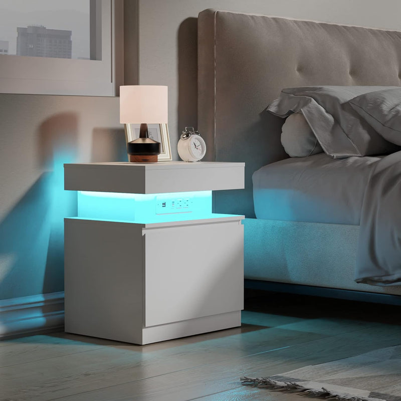 Nightstand Bedside Table/End Table with LED Lights and Charging Station