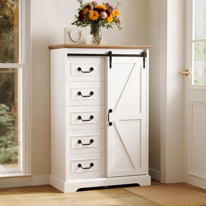 5 Drawer Dresser for Bedroom, 48" Tall Dresser Chest of Drawers, Dresser Storage Cabinet with Sliding Barn Doors