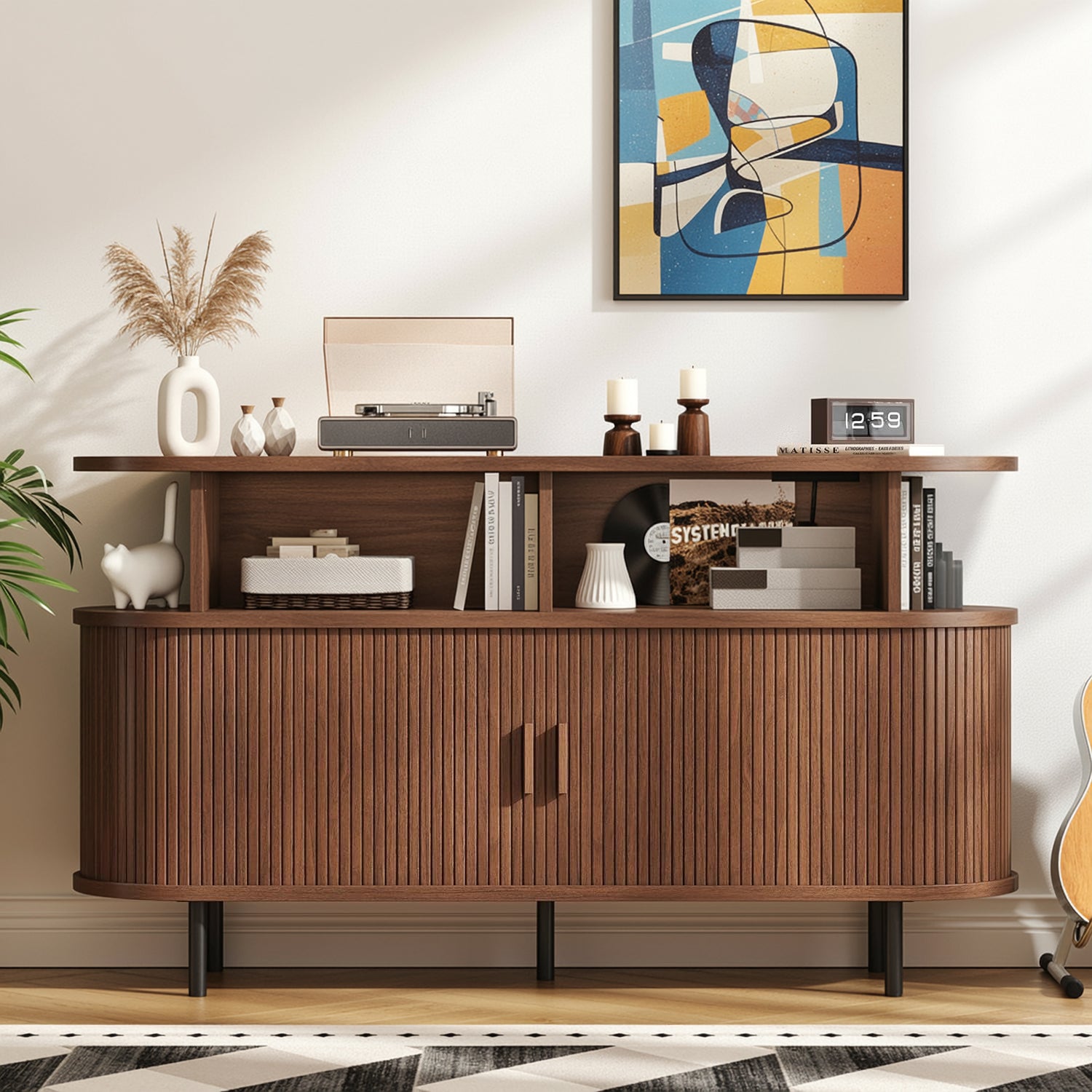 Record Player Stand with Charging Station, Turntable Stand with Vinyl Record Storage and Sliding Doors - Walnut