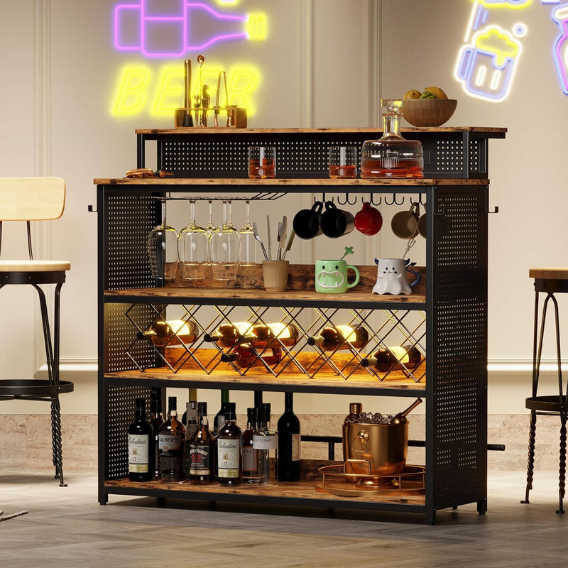 Bar Cabinet LED Home Bar Unit 4 Tiers with Charging Station, Wine Racks, Glass Holders