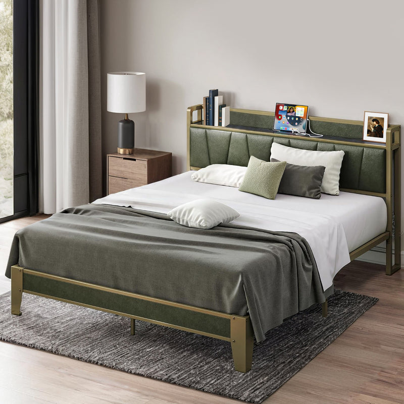 Upholstered Bed Frame Bed Frame, Storage Headboard with Charging Station, No Box Spring Needed