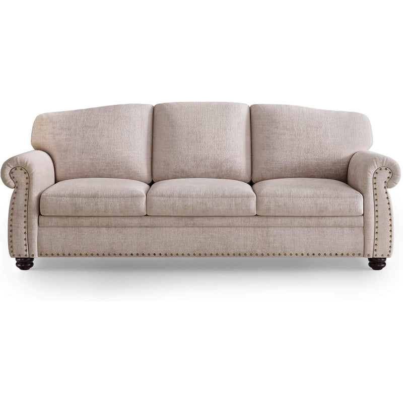 90 Inch 3 Seater Sofa Nailhead Trim Farmhouse Couches with Rolled Arm, 23" Deep Seat