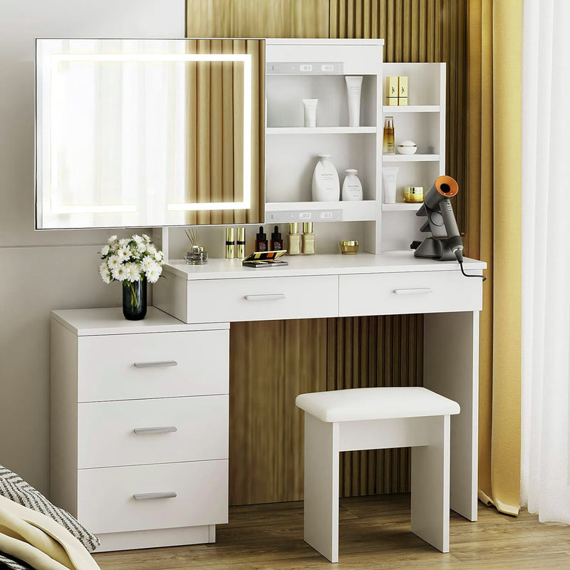 47" Large Dresser with Sliding Lighted Mirror with Electrical Outlet, 3 Color Lighting Patterns, Adjustable Brightness
