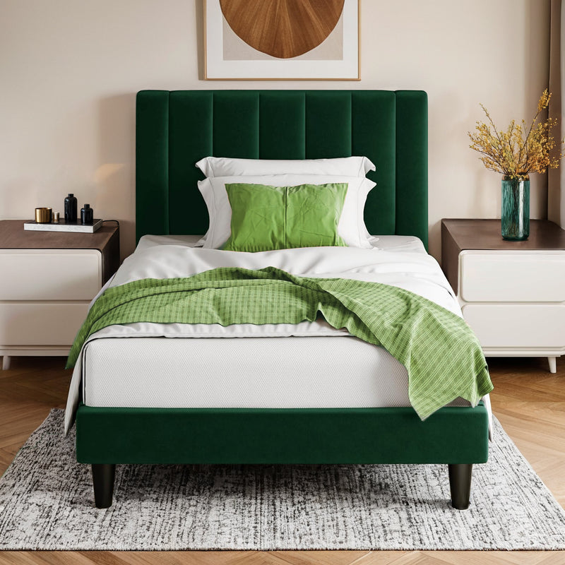 Twin Velvet Upholstered Platform Bed Frame with Vertical Channel Tufted Headboard, Strong Wood Slat Support, No Box Spring Needed