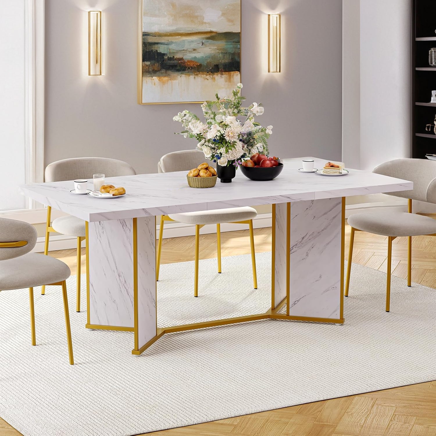 Marble Pattern Dining Table, Marble Wooden Kitchen Table, Modern Recta ...