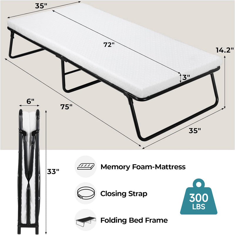 Rollaway Bed Folding Bed Frame with Memory Foam Mattress