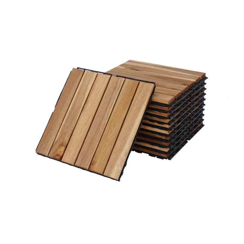 10 PCS Interlocking Deck Tiles, 12"x12" Waterproof Solid Acacia Wood Patio Tiles, Flooring Tiles Outdoor All Weather
