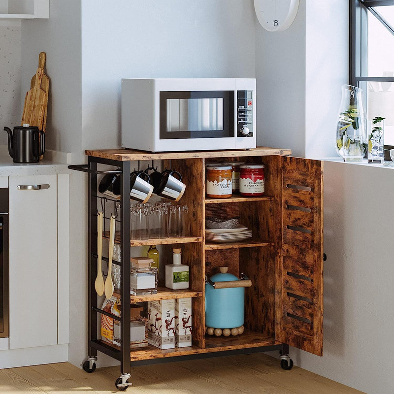 Storage Cabinet with Charging Station and Wheels, 31.5" Kitchen Cart Cabinet with Shelves, Removable Cart Handle Cup Hook