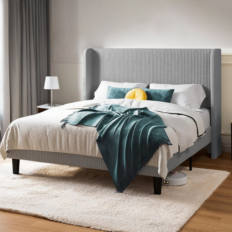 Upholstered Bed Frame in Corduroy Velvet with Wingback Headboard, No Box Spring Needed
