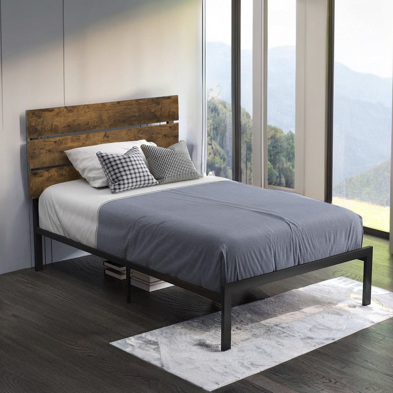 Platform Bed Frame with Wooden Headboard and Metal Slats, Queen/Full