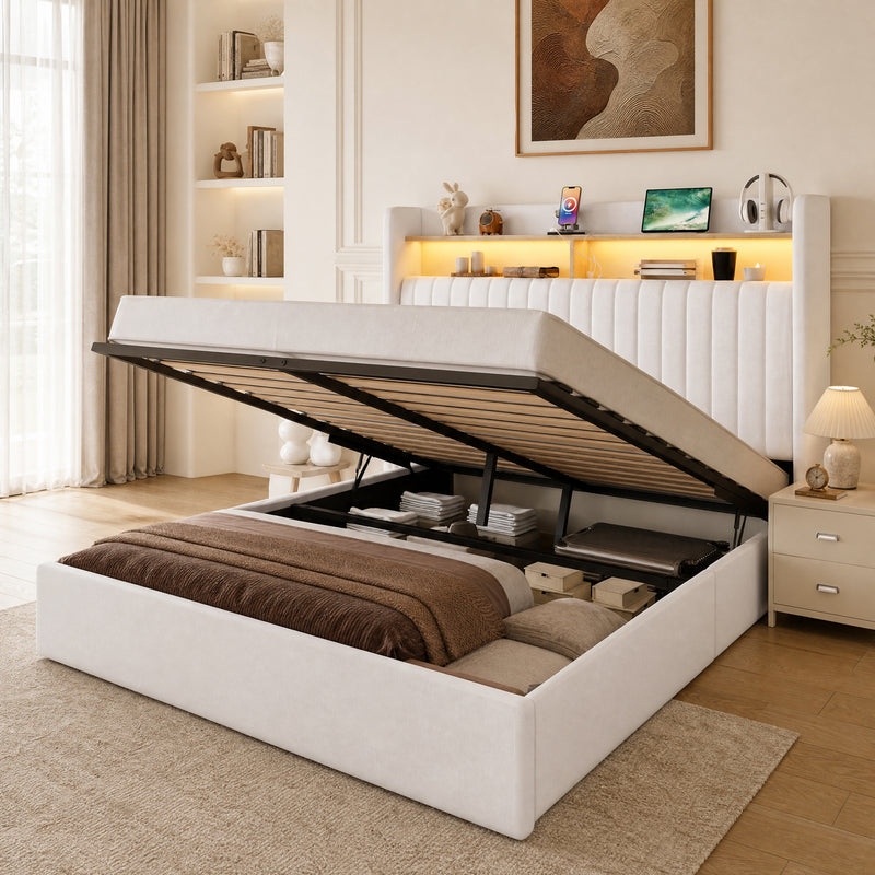 Lift Up Storage Bed Frame with Charging Station & LED Lights, Upholste ...