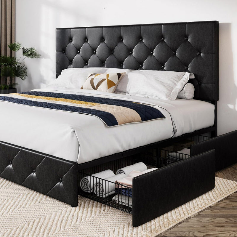 Faux Leather Upholstered Bed Frame with 4 Drawers Storage and Button Headboard