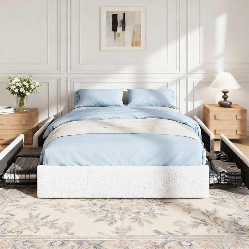 Soft Teddy Boucle Upholstered Platform Bed Frame with 4 Storage Drawers, Noise-Free, No Box Spring Needed, Easy Assembly
