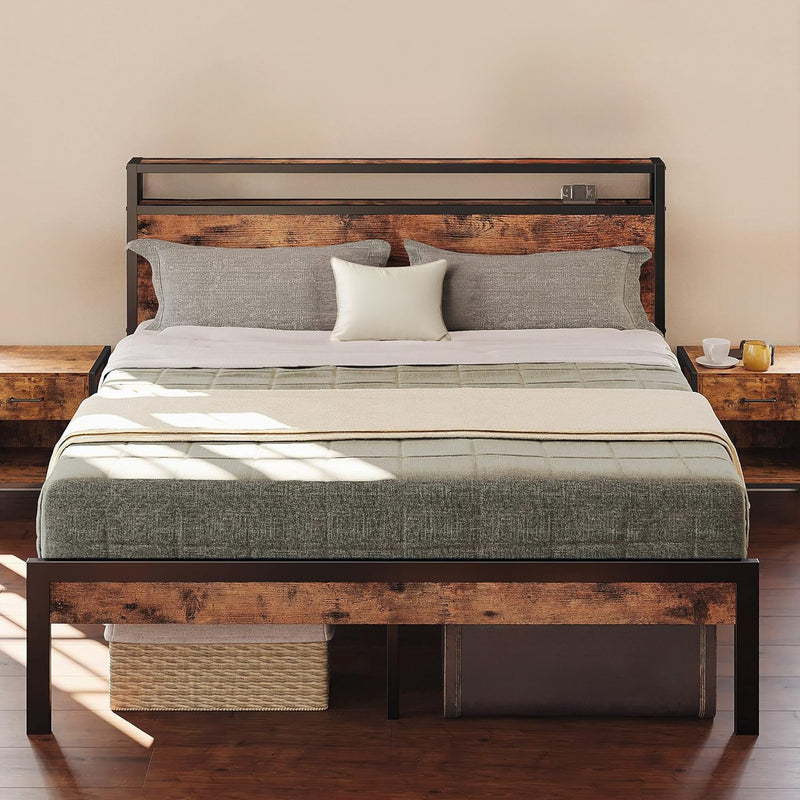 Bed Frame with 2 Tier Storage Headboard, Queen/King Size Bed Frame, Vintage Brown, No Box Spring Required