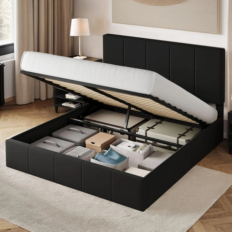 Upholstered Platform Bed Velvet Lift Up Storage Bed Frame with Vertical Channel Tufted Headboard, Hydrualic Underneath Storage, Wooden Slats Support