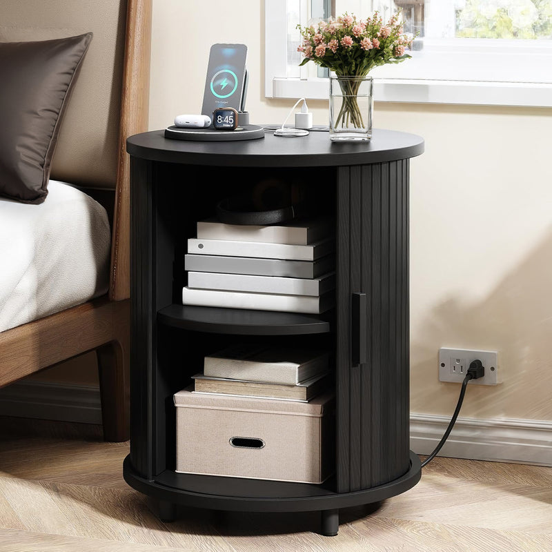 Round Side Table Nightstand Bedside Table, Small End Table with Storage Shelves, Sliding Tambour Door, Power Outlets
