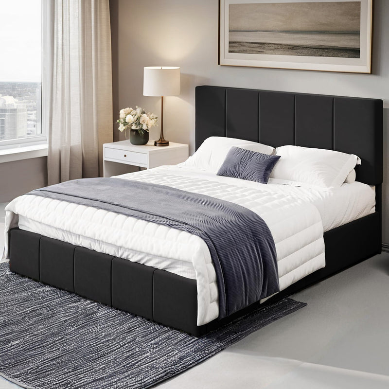 Dutch Velvet Upholstered Platform Bed Frame with Adjustable Vertical Channel Tufted Headboard, No Box Spring Needed