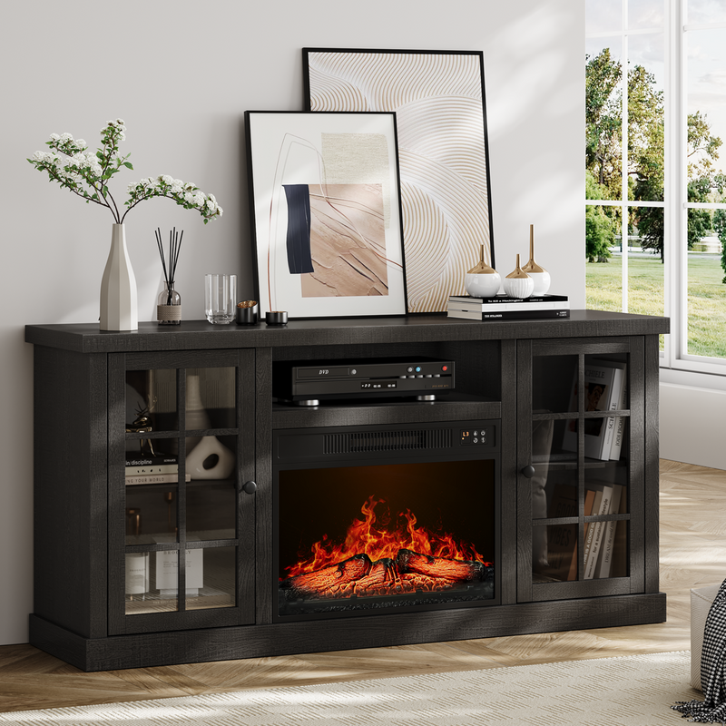 59 Inch Fireplace TV Stand, TV Table with 23 Inch Electric Fireplace, Media Console Cabinet with Storage and Glass Doors