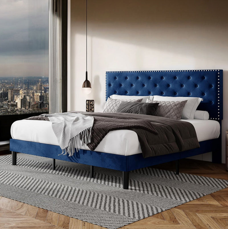 Velvet Upholstered Bed Frame with Adjustable Button Tufted Headboard, Slats Support, No Box Spring Needed