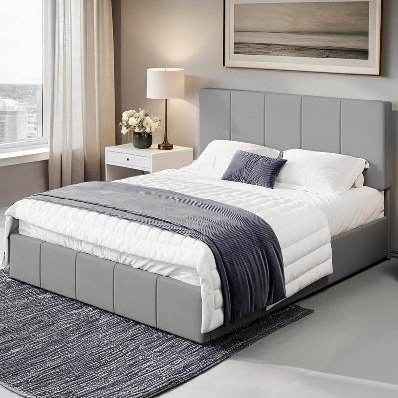 Dutch Velvet Upholstered Platform Bed Frame with Adjustable Vertical Channel Tufted Headboard, No Box Spring Needed