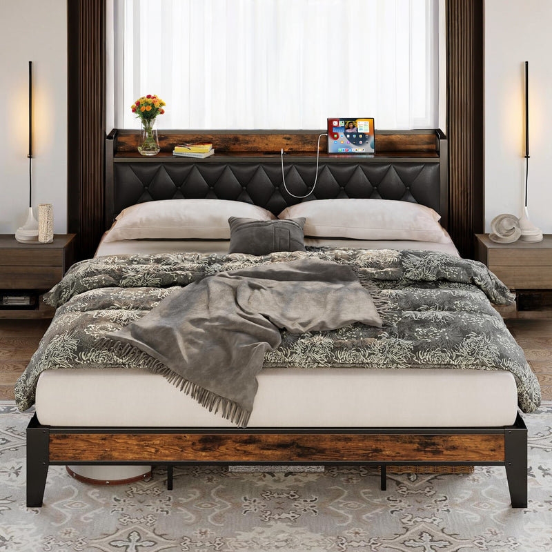 California King Bed Frame with Fabric Storage Headboard and Charging Station