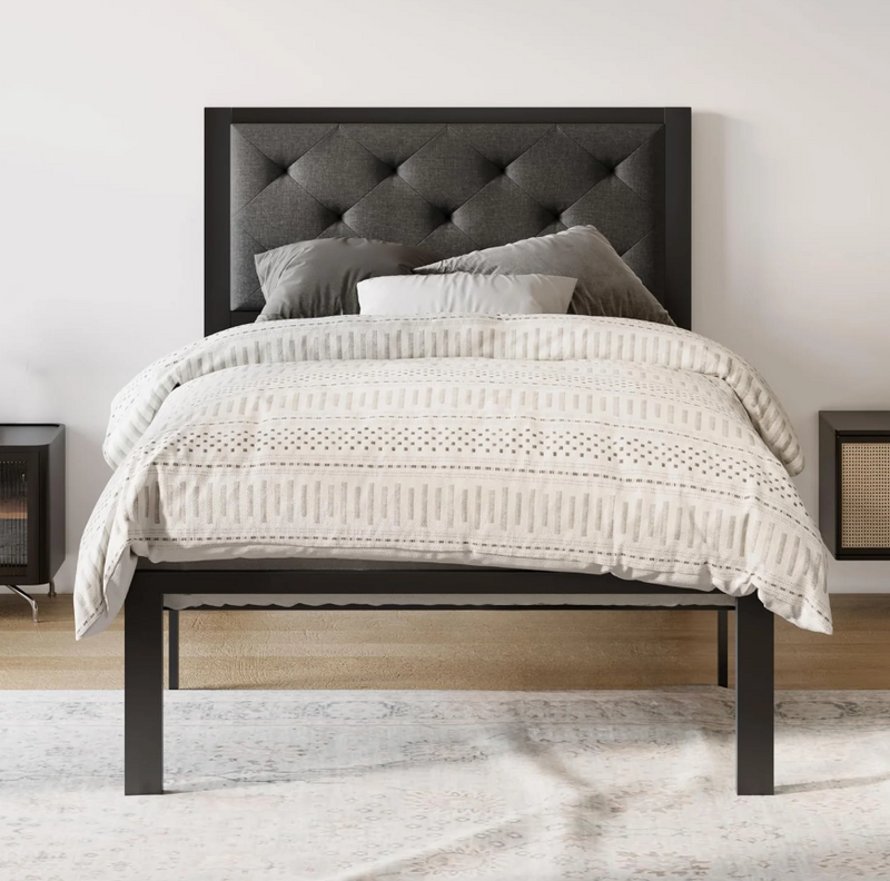 Upholstered Headboard Bed Frame, Chic Diamond Seam Tufting Design, No Springs Required, Dark Gray