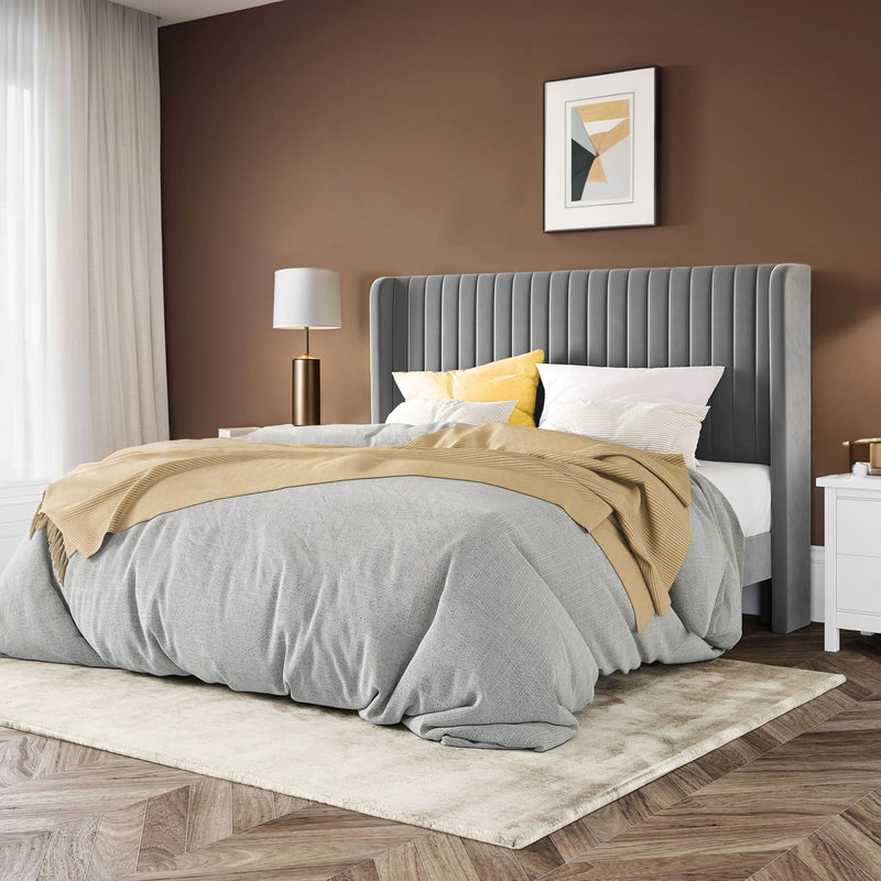 Velvet Upholstered Platform Bed Frame with Vertical Line Tufted Adjustable Headboard