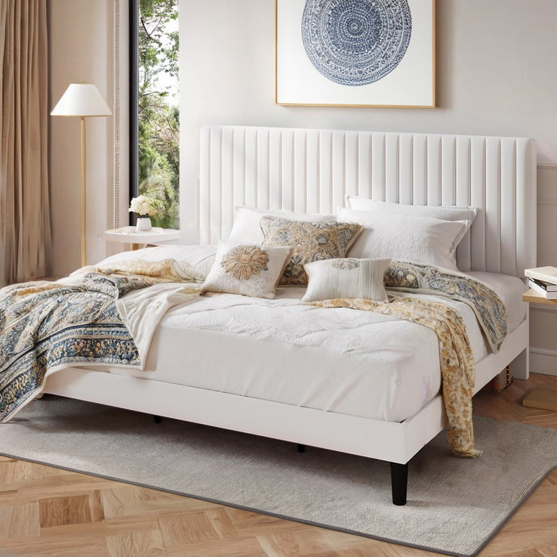 Velvet Upholstered Platform Bed Frame with Vertical Line Tufted Wingback Headboard, Strong Wooden Slats, and No Box Spring Needed