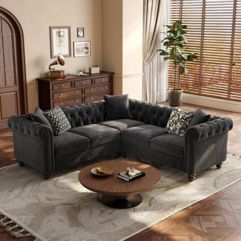 Chesterfield L-Shaped Sectional Sofa, Velvet 5 Seater Counch with 3 Throw Pillows, Tufted Corner Couch with Rolled Armrest