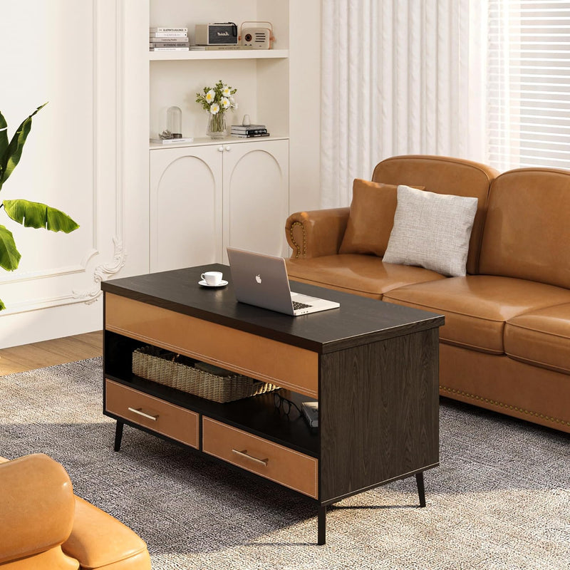 Leather Lift Top Coffee Table with Large Hidden Compartment