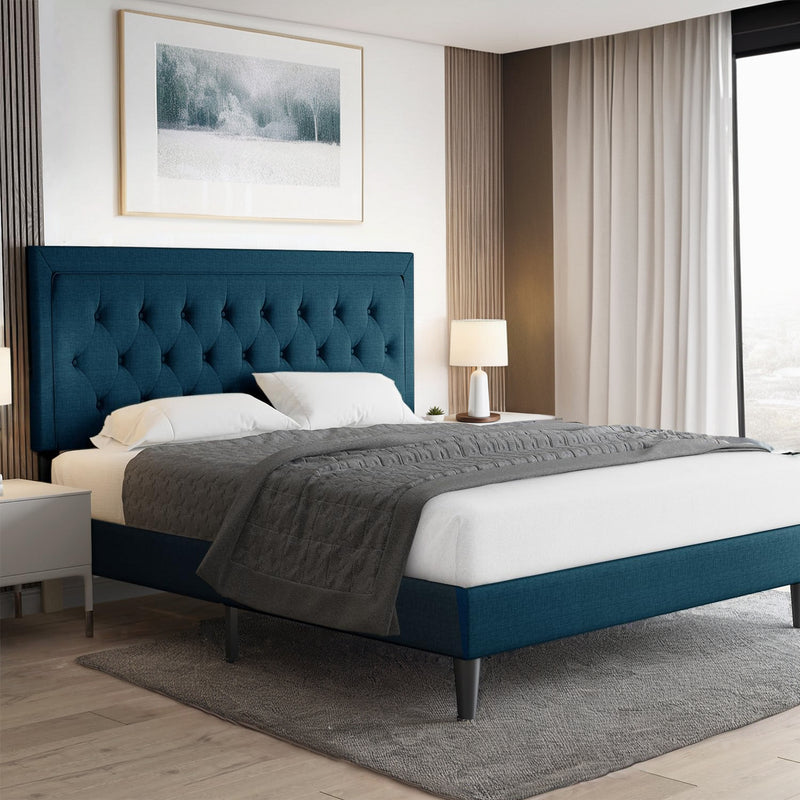 Upholstered Bed Frame with Adjustable Headboard, Wood Slat Support