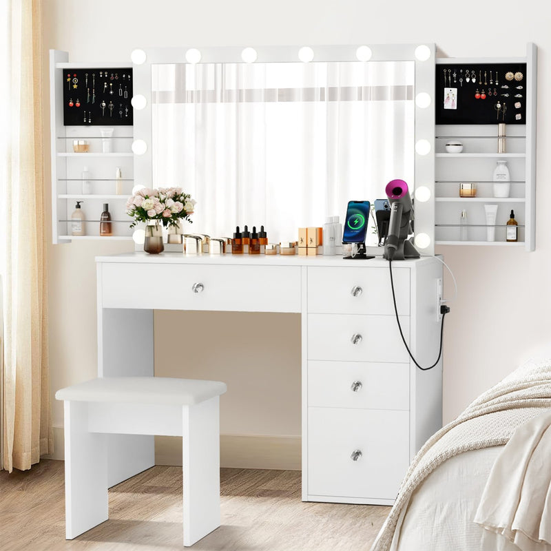 Vanity with Lighted Mirror and Sliding Storage Cabinet, Electrical Outlet, 3 Lighting Modes Adjustable Brightness