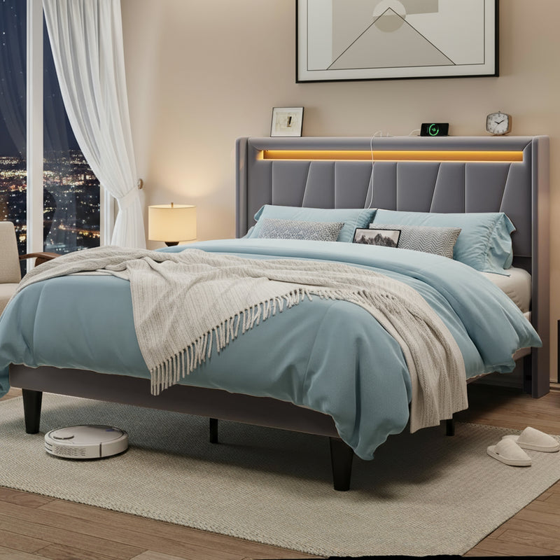 Grey Velvet Upholstered Platform Bed Frame - King Size