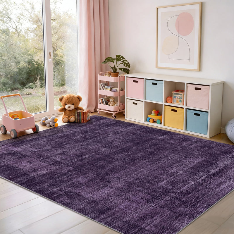 Purple Abstract Washable Area Rug, Soft Low-Pile Non-Slip Indoor Carpet for Living Room, Bedroom & Dining Room Décor
