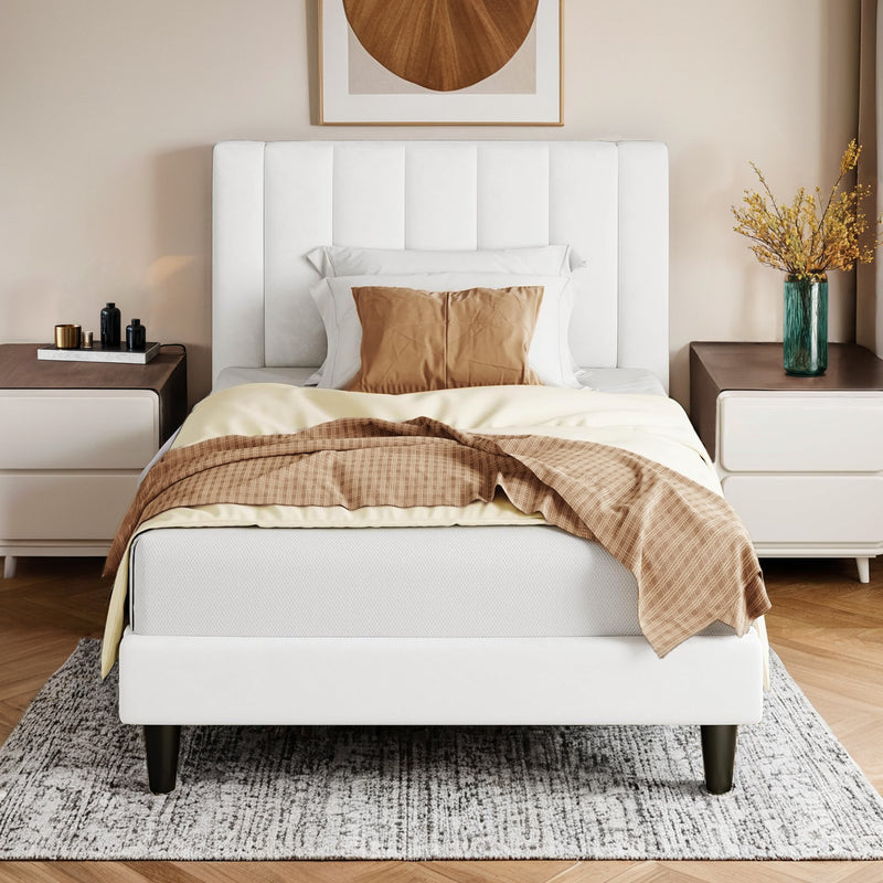 Twin Velvet Upholstered Platform Bed Frame with Vertical Channel Tufted Headboard, Strong Wood Slat Support, No Box Spring Needed