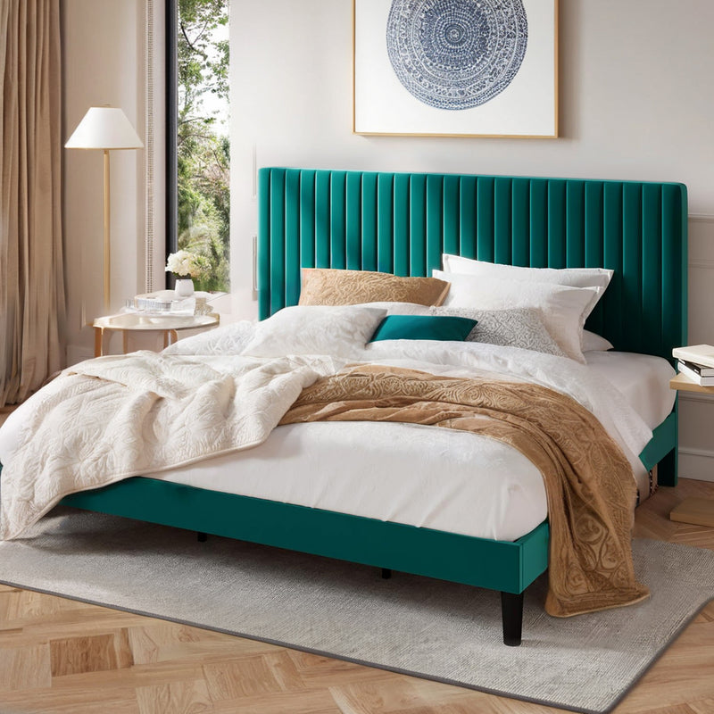Velvet Upholstered Platform Bed Frame with Vertical Line Tufted Wingback Headboard, Strong Wooden Slats, and No Box Spring Needed