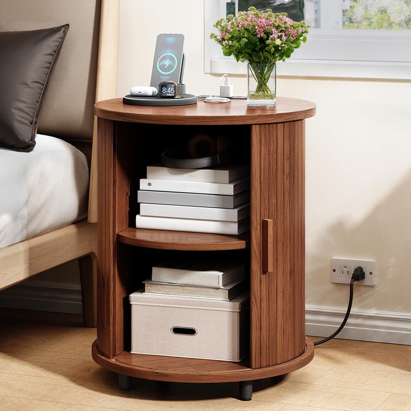 Round Side Table Nightstand Bedside Table, Small End Table with Storage Shelves, Sliding Tambour Door, Power Outlets
