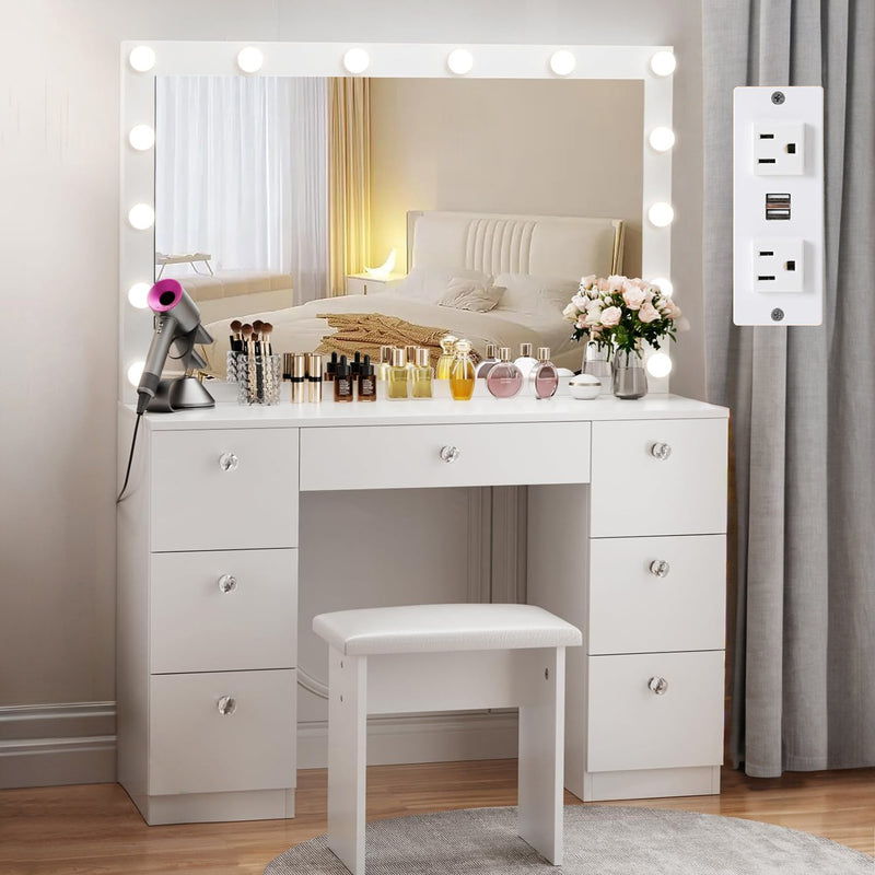 44 inch Makeup Vanity Desk with Lighted Mirror, Power Outlet, 7 Drawers, 3 Brightness