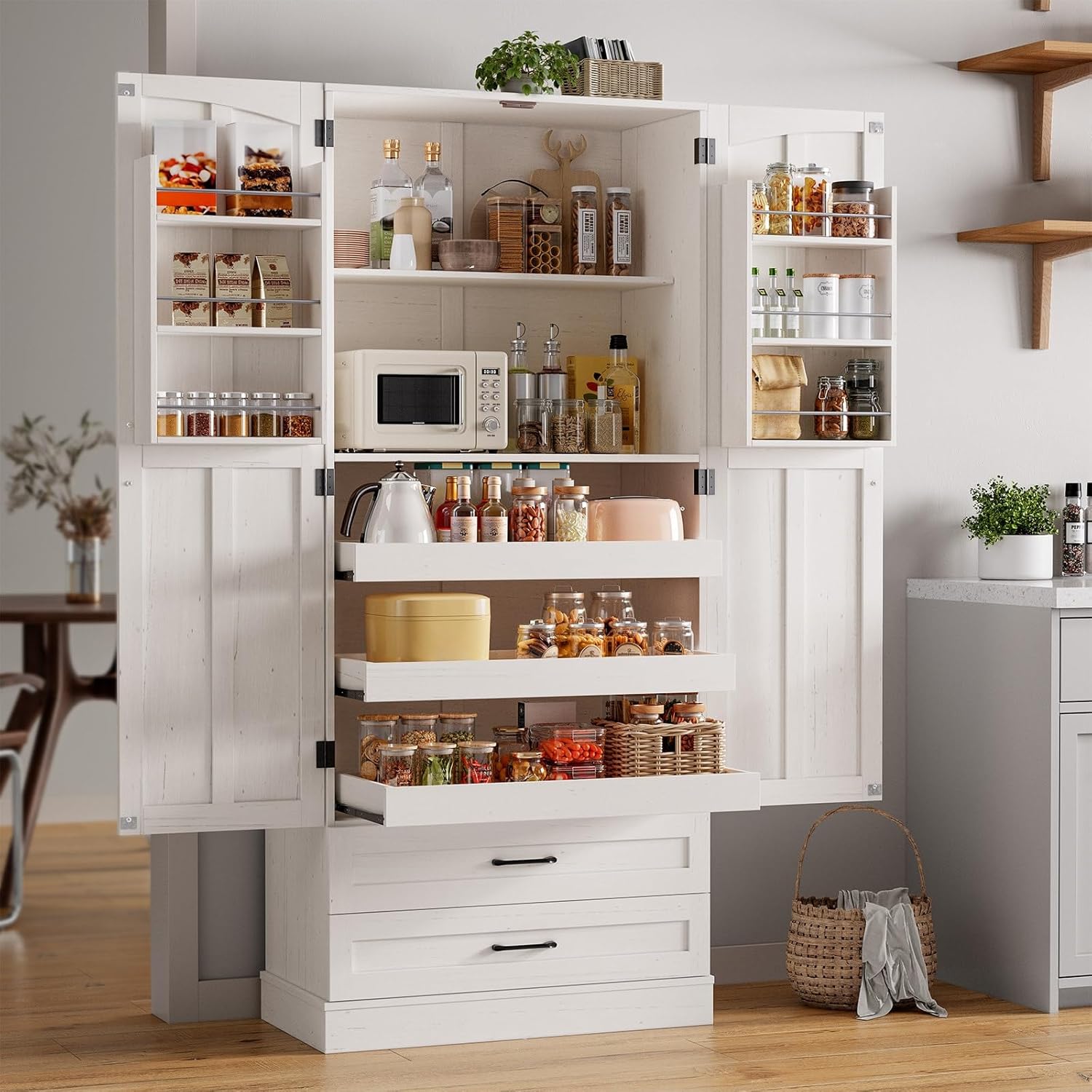 71 Inch Farmhouse Kitchen Pantry Storage Cabinet with 3 Pull-Out Shelves & 2 Large Drawers, adjustable Shelf