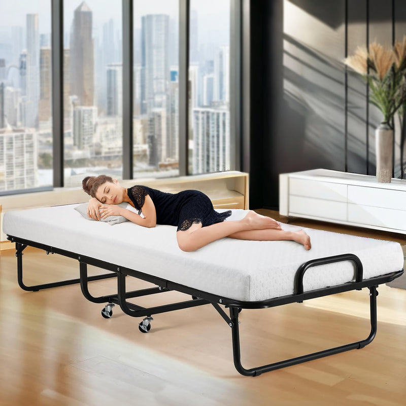 Folding Bed 75" x 31" Portable Rollaway Bed with Mattress, rolling wheels, Dust Proof Cover