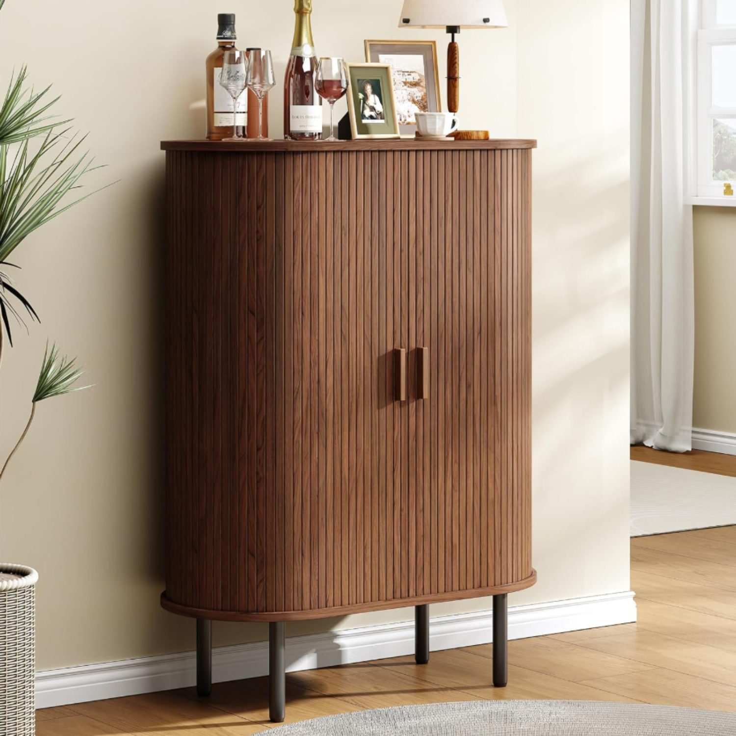 44 Inch Modern High Sideboard Cabinet with Storage, Buffet Cabinet with Sliding Door and Adjustable Feet - Walnut