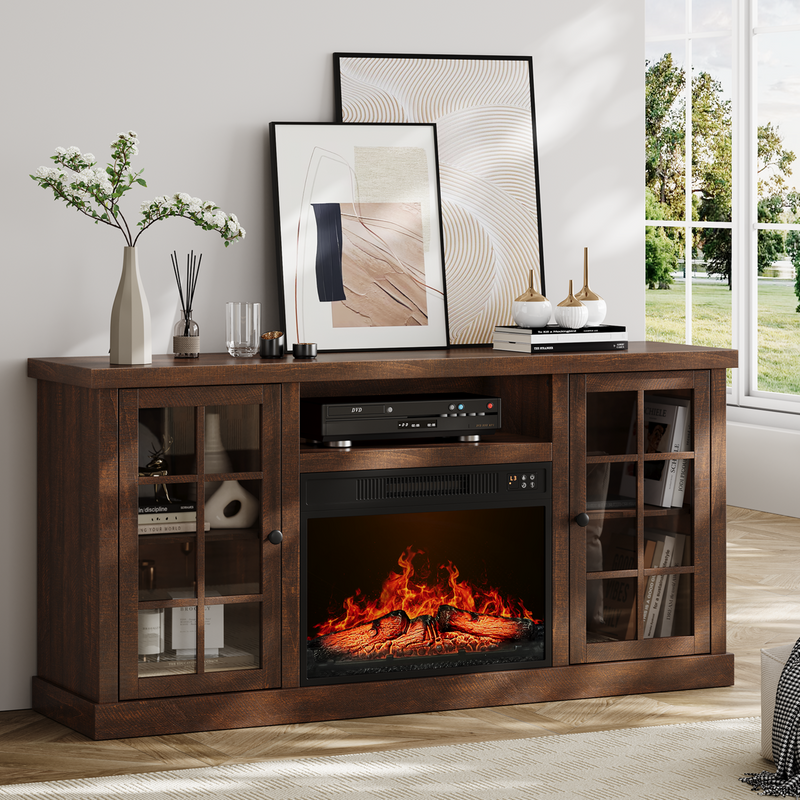 59 Inch Fireplace TV Stand, TV Table with 23 Inch Electric Fireplace, Media Console Cabinet with Storage and Glass Doors
