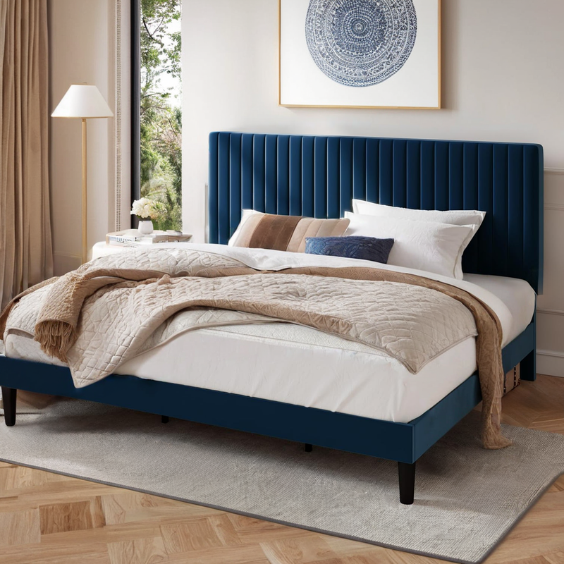 Velvet Upholstered Platform Bed Frame with Vertical Line Tufted Wingback Headboard, Strong Wooden Slats, and No Box Spring Needed