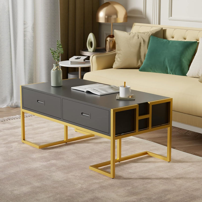 42.5 inch Rectangle Coffee Table Modern Living Room Table with Gold Base and Storage Drawers