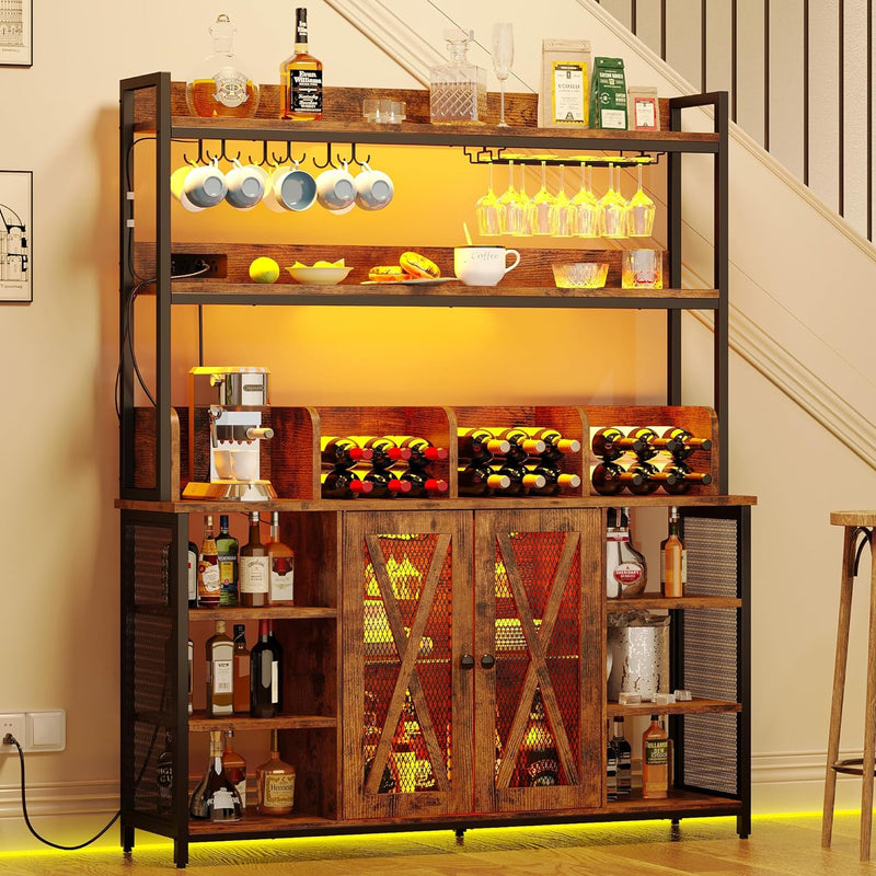 Coffee Bar Cabinet LED Industrial Buffet Cabinet 3-Tiers with Power Outlet, Glass Holder
