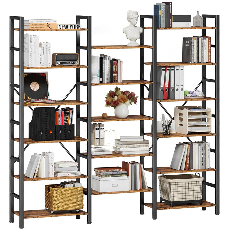 Triple Wide 6 Tiers Industrial Bookshelf, Large Etagere Bookcases and Bookshelves Open Display Shelves with Metal Frame