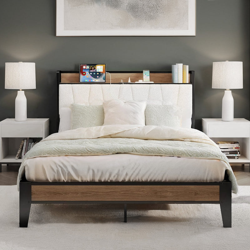Upholstered Bed Frame Bed Frame, Storage Headboard with Charging Station, No Box Spring Needed