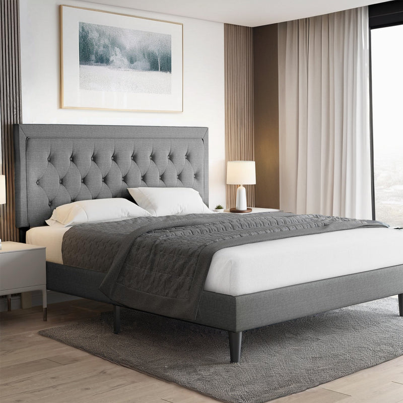 Upholstered Bed Frame with Adjustable Headboard, Wood Slat Support